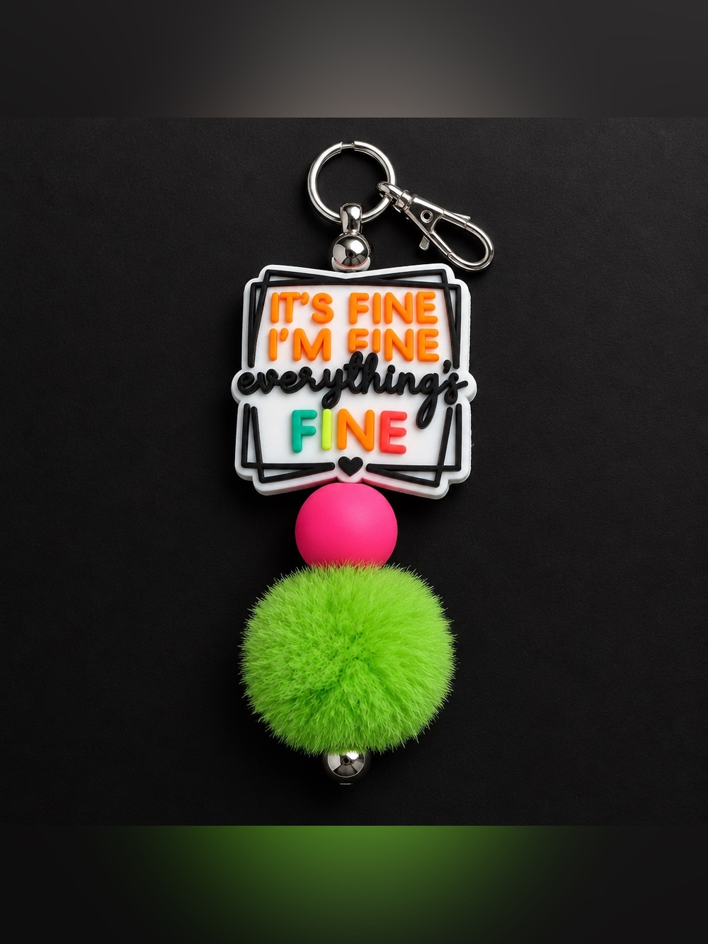 Keychain Accessory - Neon Green Pom & Pink Bead with "It's Fine" Tag